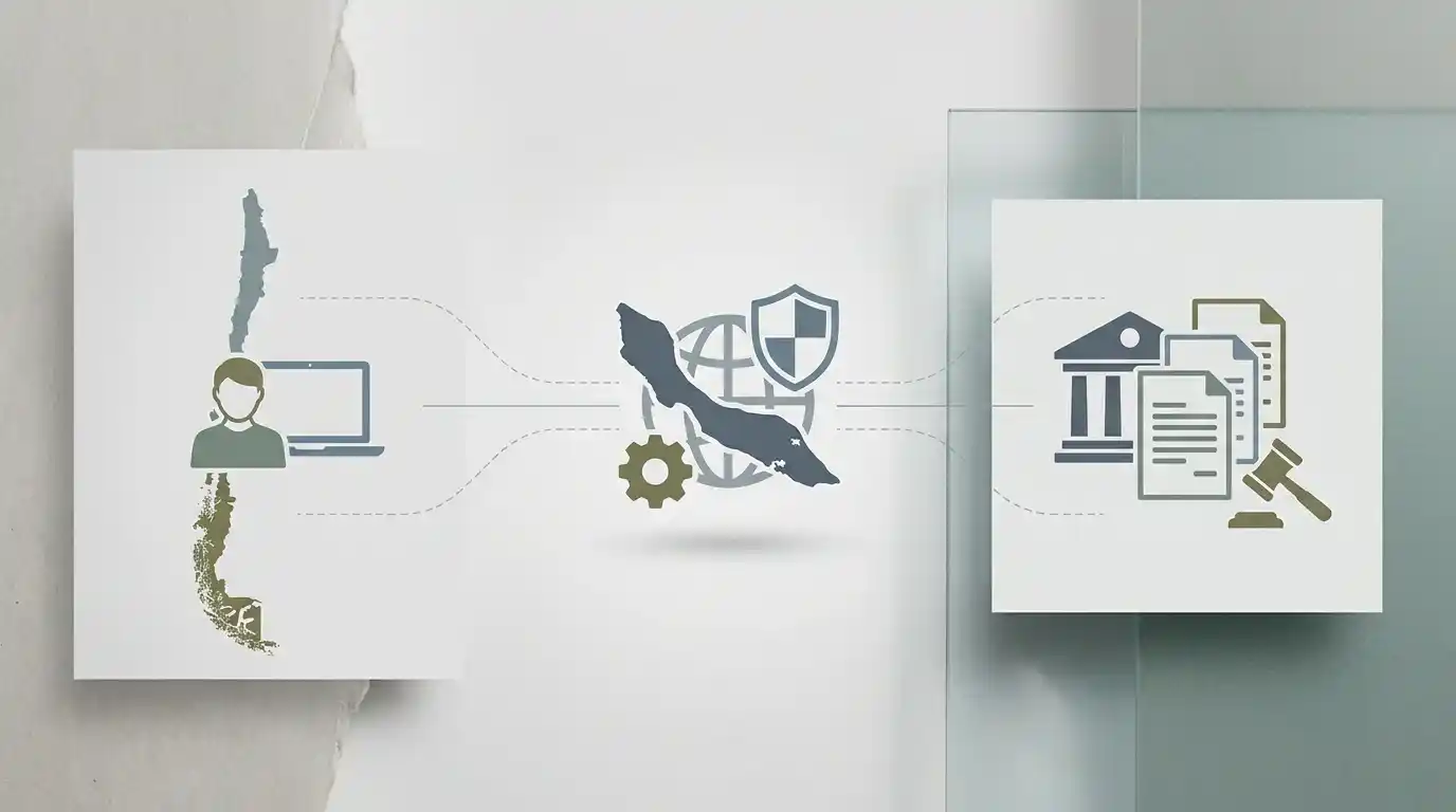 Diagrama conceptual que separa acceso en Chile, licencia de Curaçao y marco regulatorio chileno